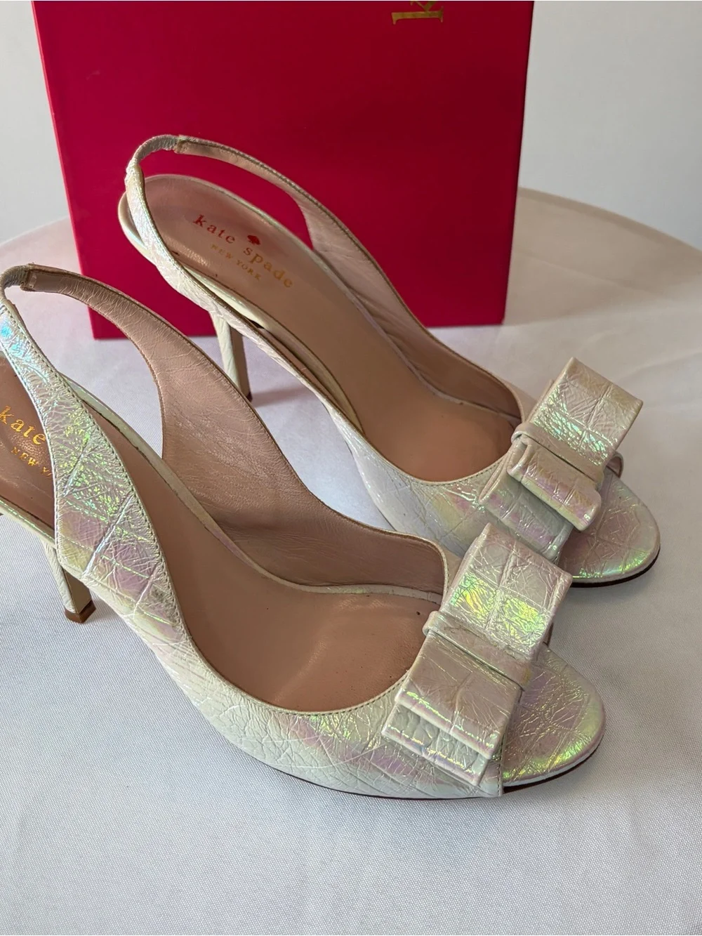 kate spade Iridescent Bow Peep-Toe Slingback Heels - Pearl